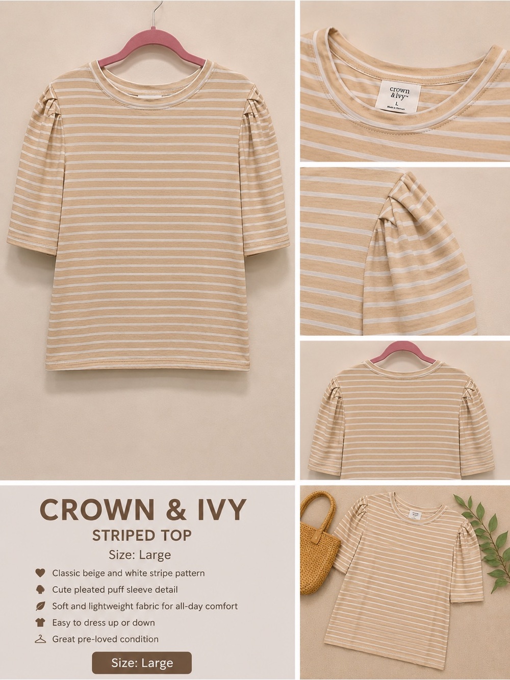 Crown & Ivy Beige Striped Puff Sleeve Top